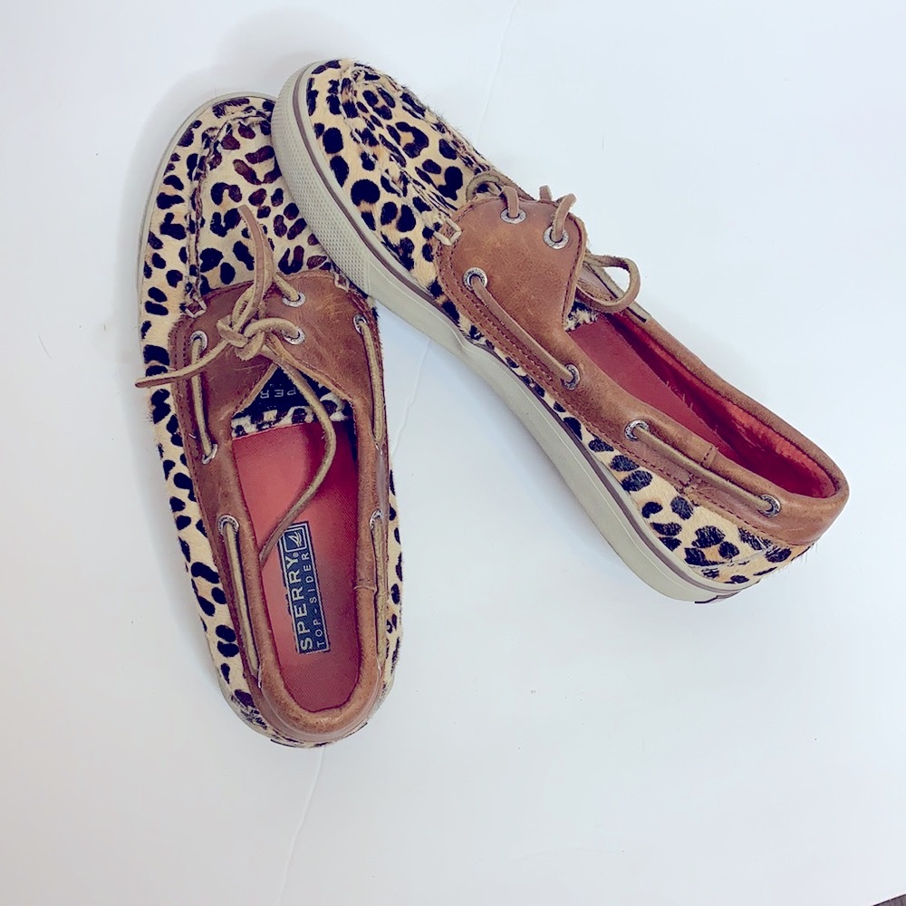 Sperry | Animal Print Fuzzy Loafers | Brown Leather Slip On Shoes | Size 8